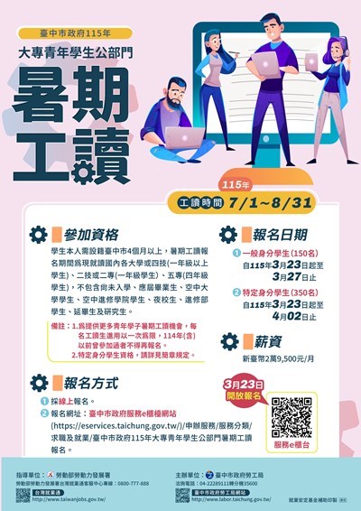 115年臺中市大專青年學生公部門暑期工讀海報 (另開新視窗)